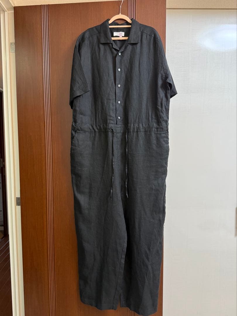 ◯　かぐれ　リネンハーフスリーブオールインワン　ブラック